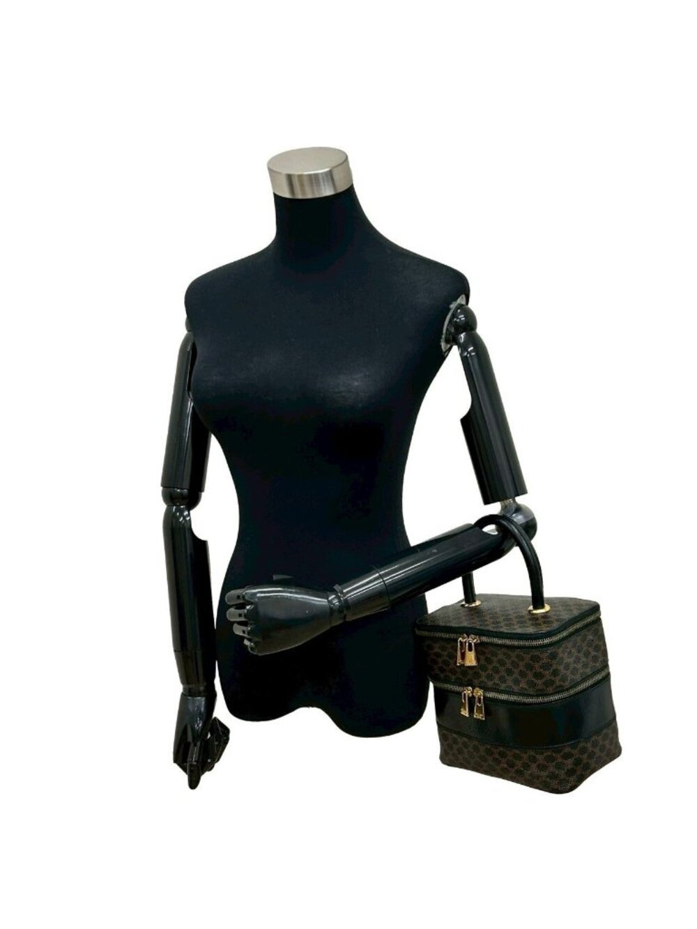 Celine Vintage Macadam Blason Pattern Leather Handbag Vanity Makeup Box Black - Picture 2 of 10